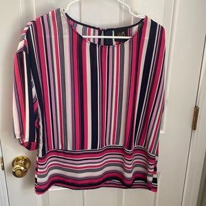 White/pink/navy stripe short sleeve blouse oversized fit